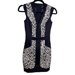 French Connection Structured Sheath Dress Size 0 Black Animal Mob Wife